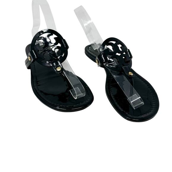 TORY BURCH Black Patent Leather Miller Classic Designer Logo Sandals Size 8.5 - Picture 1 of 10